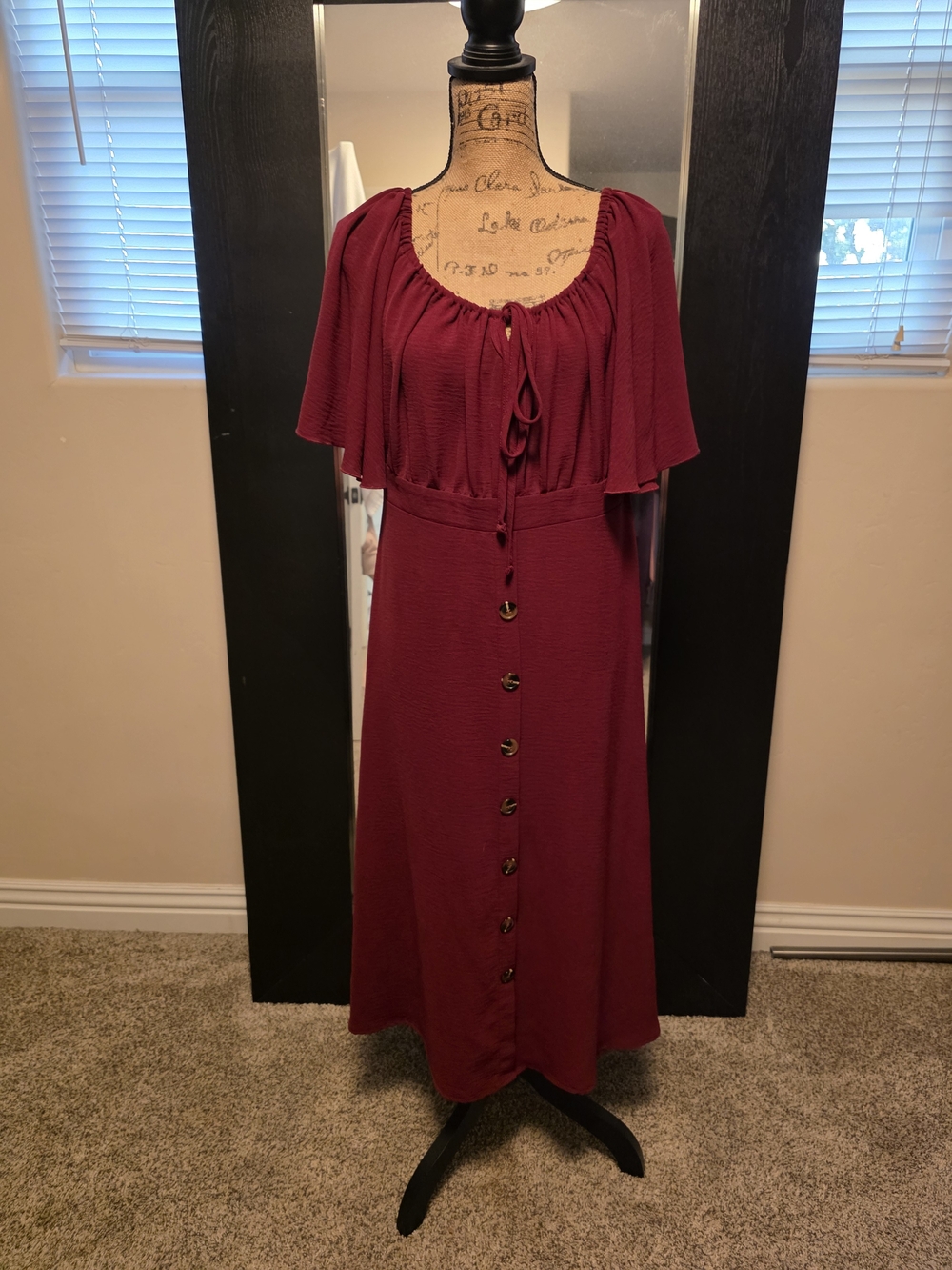 Women's Burgundy Button-Front Midi Dress with Flutter Sleeves
